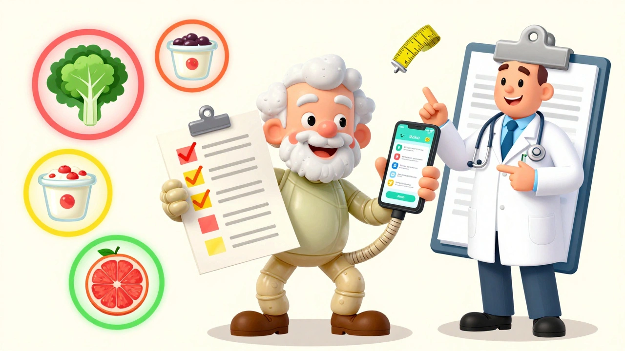 Senior using both paper checklist and smartphone app to track food-drug interactions with color-coded food icons.