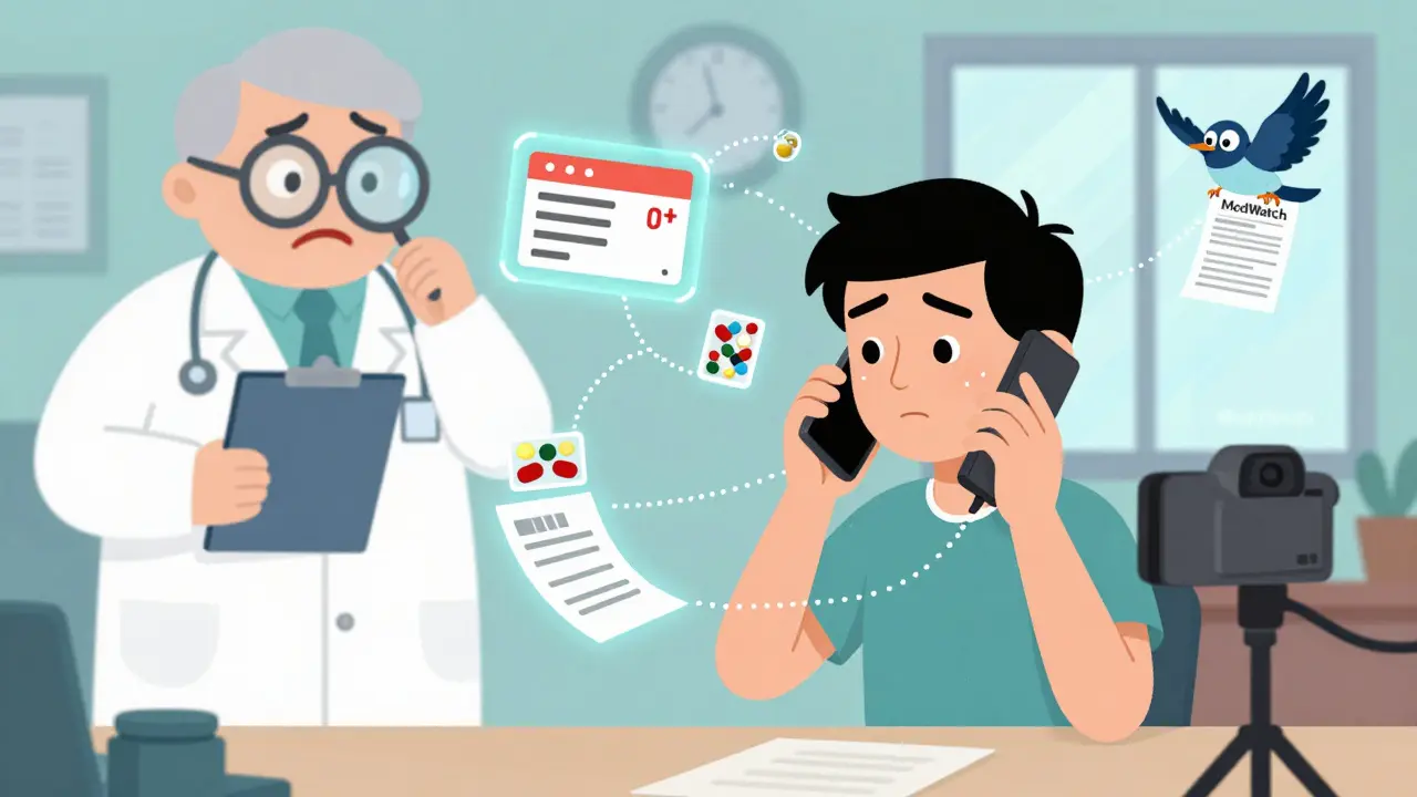 Someone calls their doctor while evidence like photos and receipts float around them, illustrated in rubber hose cartoon style.