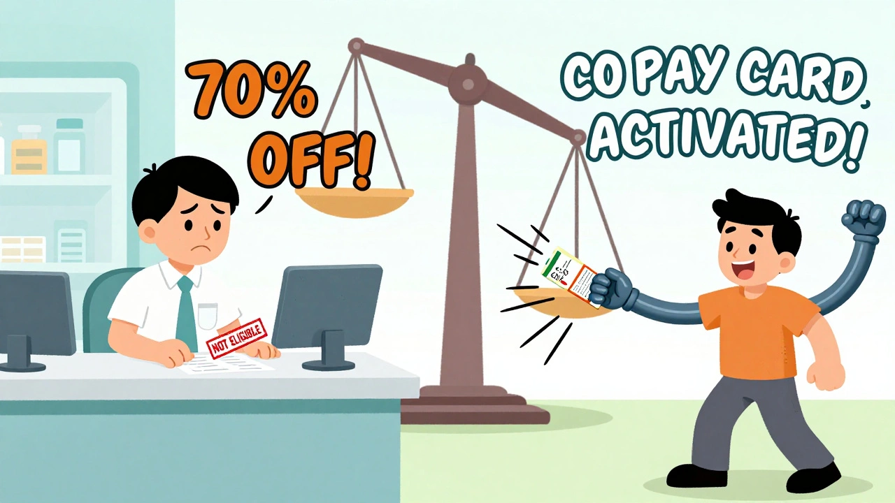 Split scene: one person denied a coupon on Medicare, another seeing their prescription cost drop from 0 to  with playful savings icons.