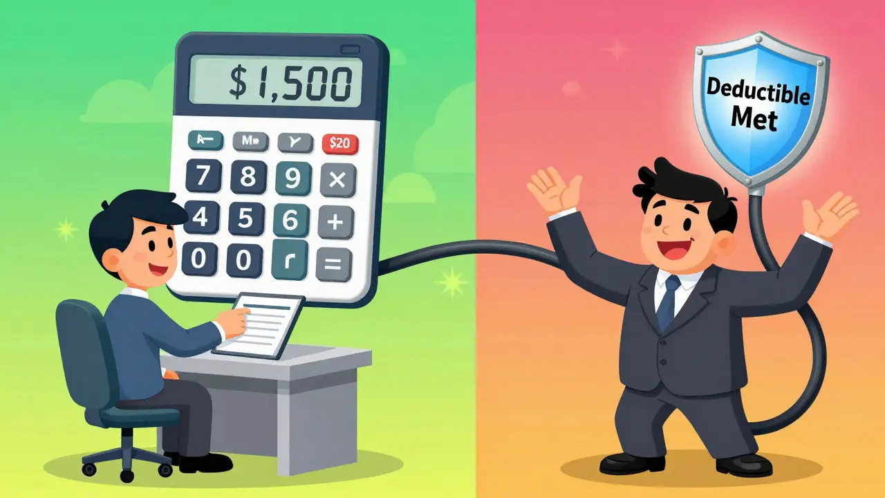 Split scene: person paying 5 per session vs.  after deductible, calculator showing totals