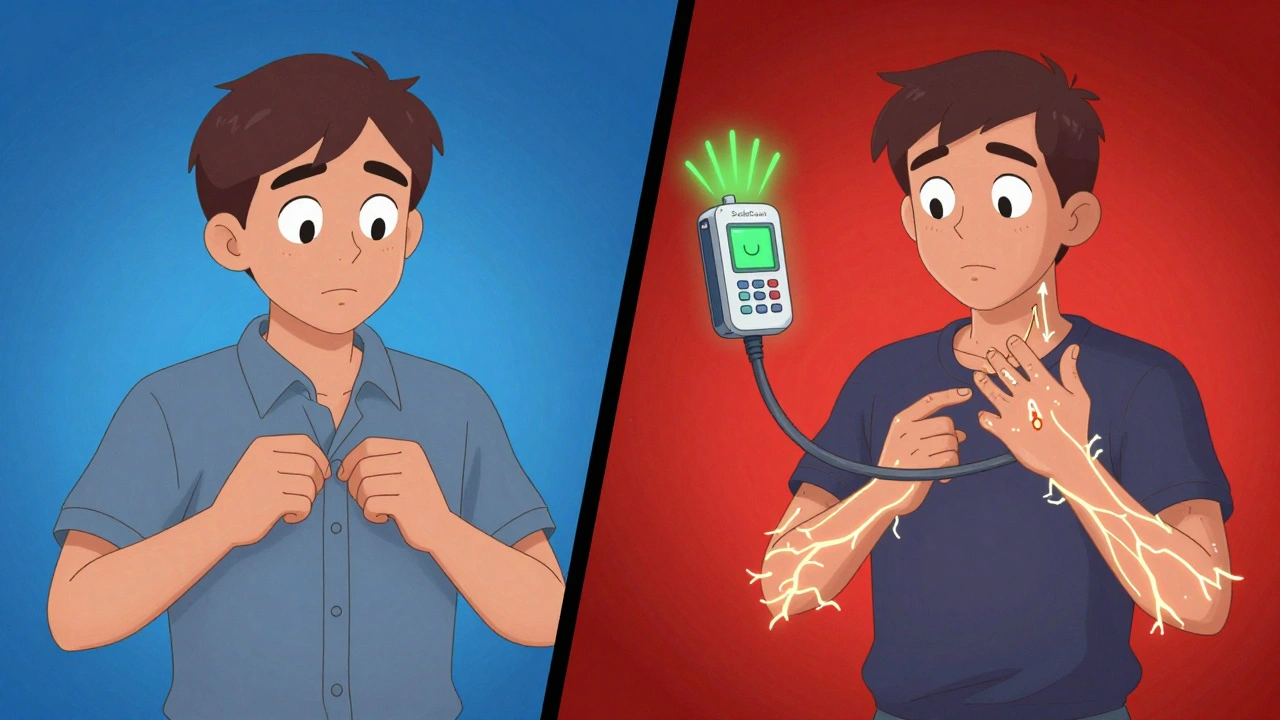 Split scene showing early tingling versus advanced nerve damage in cartoon style.