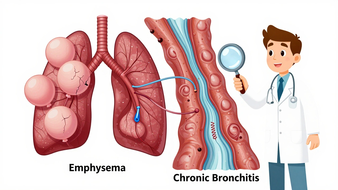 Split-screen cartoon lungs: one with popped alveoli, the other with thick mucus-filled tubes, showing medical devices.