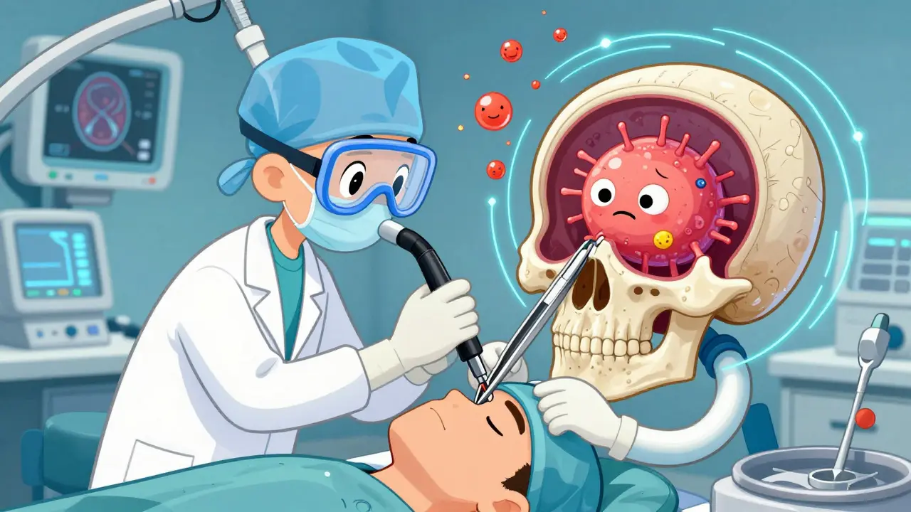 Surgeon removing a tiny pituitary tumor through the nose using a bendy endoscope in a whimsical operating room.