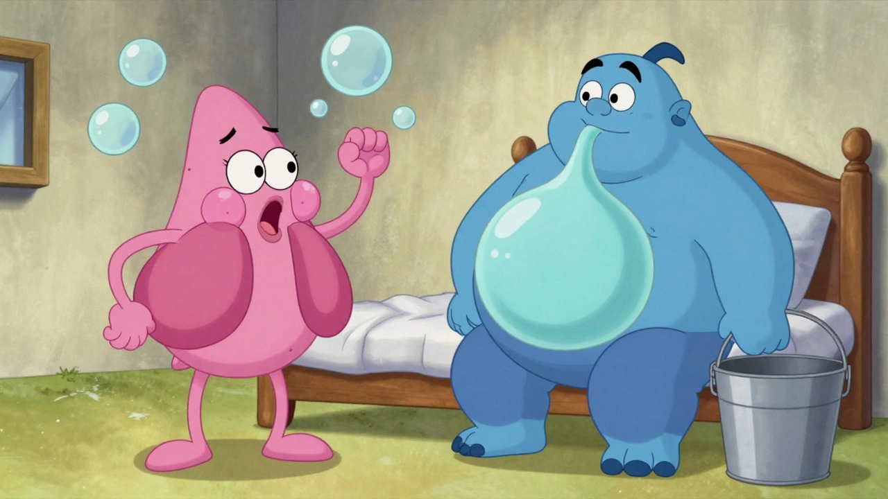 Two cartoon characters: a thin &#039;pink puffer&#039; breathing fast with balloon lungs, and a blue-tinted &#039;blue bloater&#039; with a giant mucus bubble.