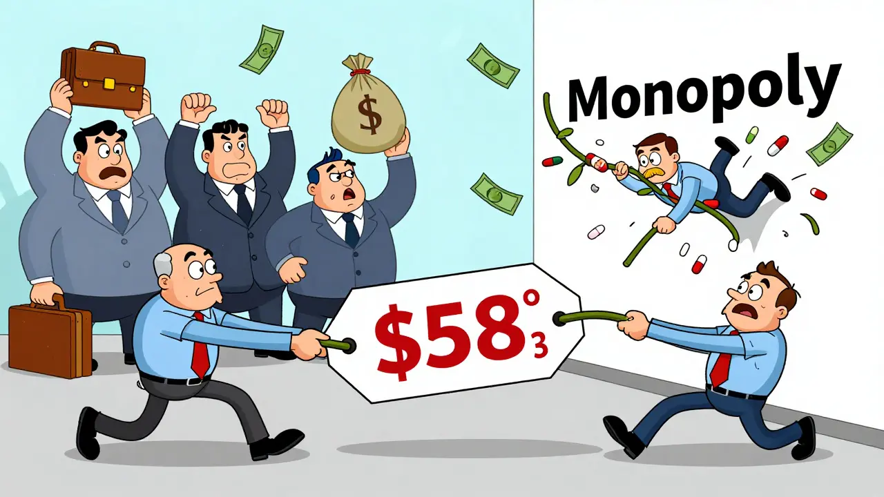 Two companies tug on a price tag while a third swings in to drive prices lower.