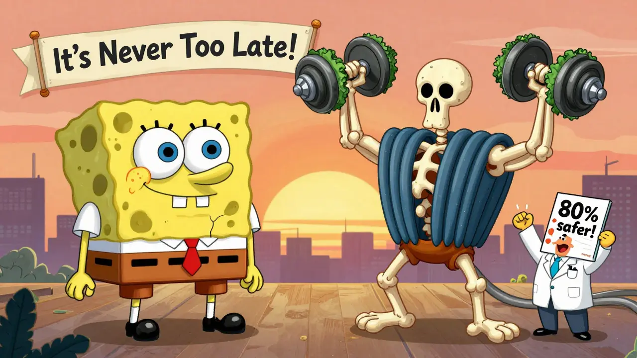 A before-and-after cartoon skeleton transforming from fragile to strong through diet and exercise.