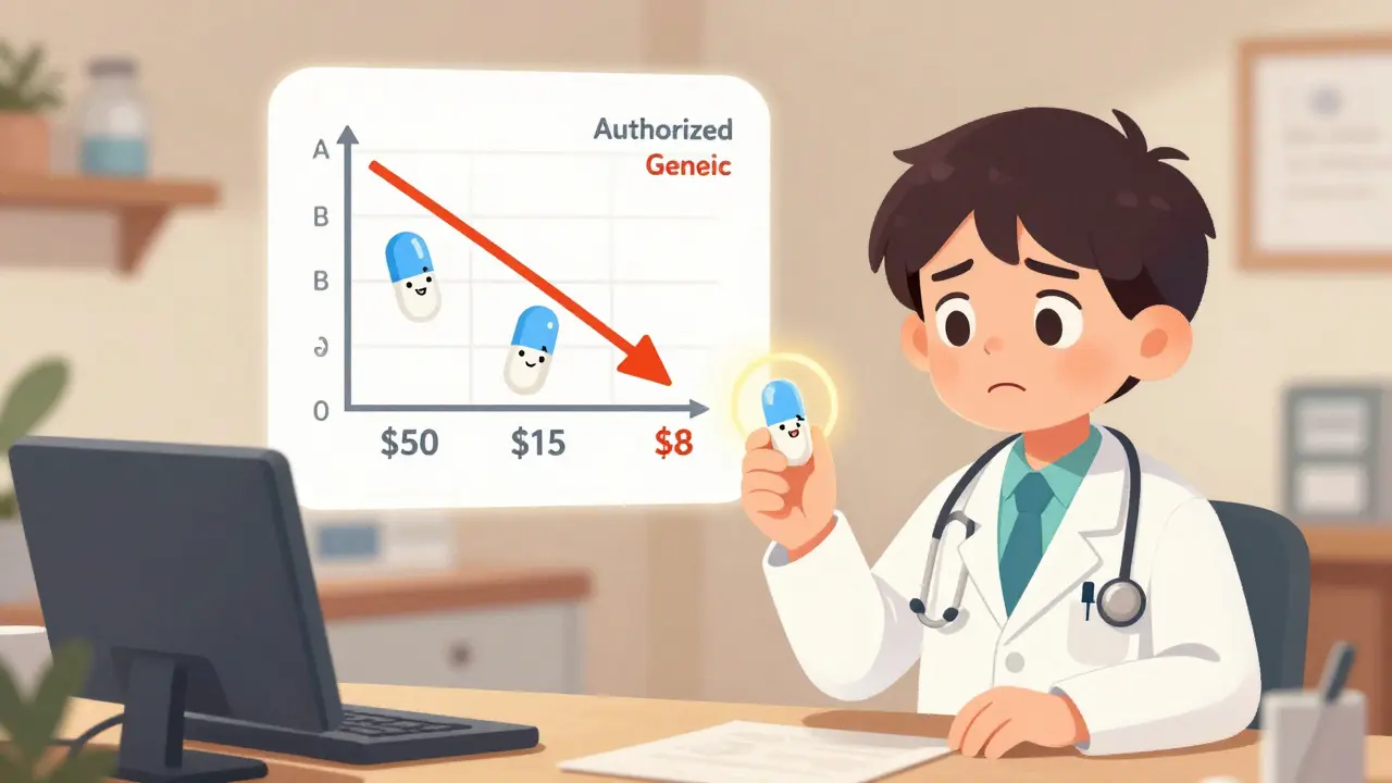 A doctor and patient look at pills with price charts floating nearby, showing cost differences in a friendly, rubber-hose animation style.