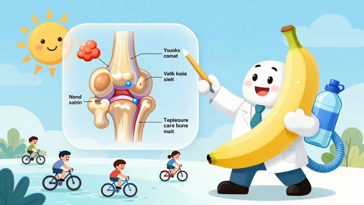 A doctor uses food and water as magic tools to transform fat into muscle around a glowing hip joint, with active people in the background.