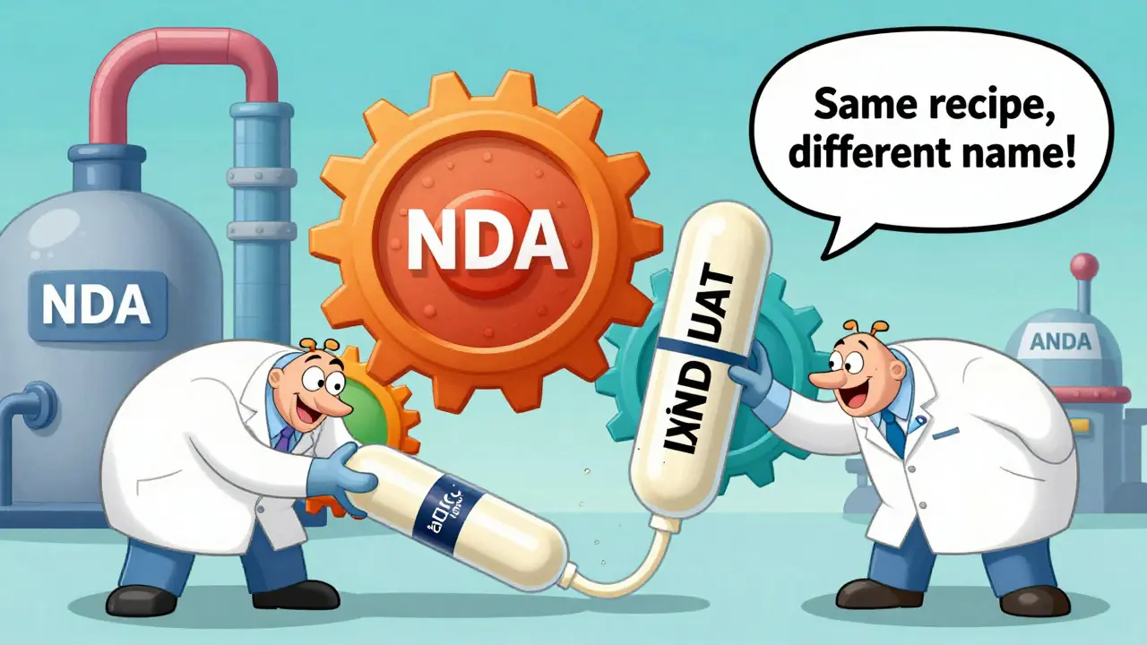 A factory produces two identical pill streams, one labeled with a brand name and one plain, in a bouncy, colorful cartoon scene.