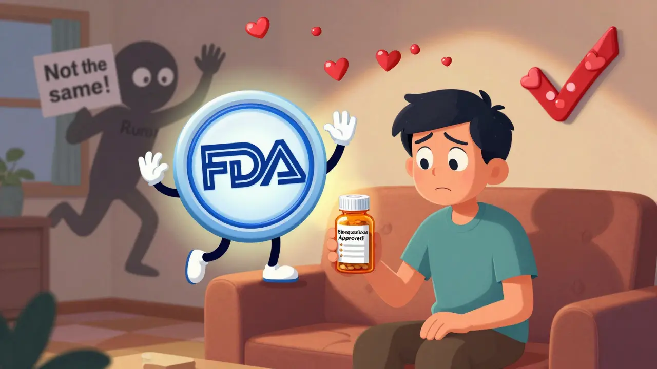 A friendly FDA badge emerges from a pill bottle, debunking a sneaky rumor with a giant checkmark in a cartoon pharmacy scene.