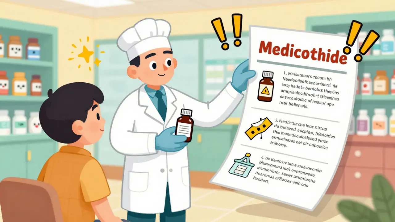 A friendly pharmacist guides a patient through checking bottle, sticker, and insert in a colorful pharmacy.