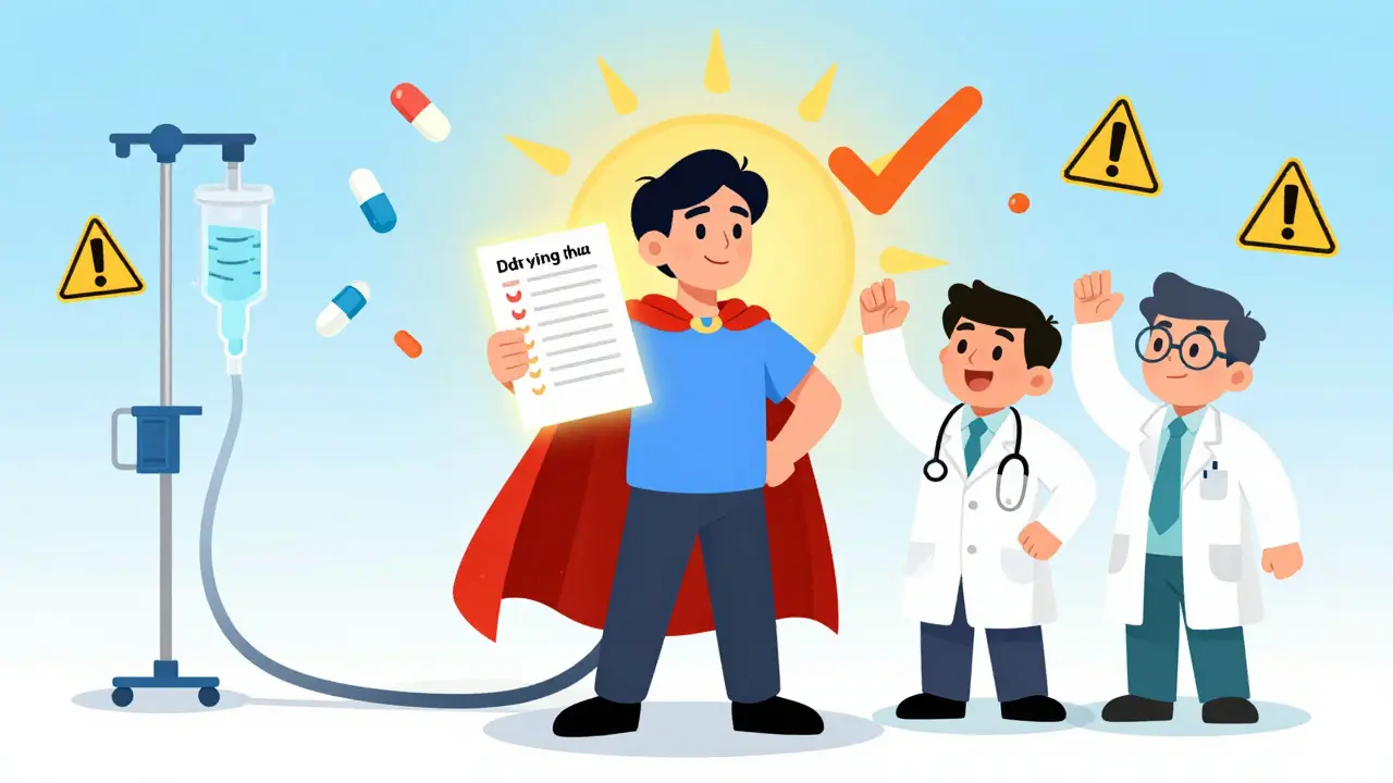 A patient holding a glowing medication list while doctors high-five, with dangerous pills fading away in the background.