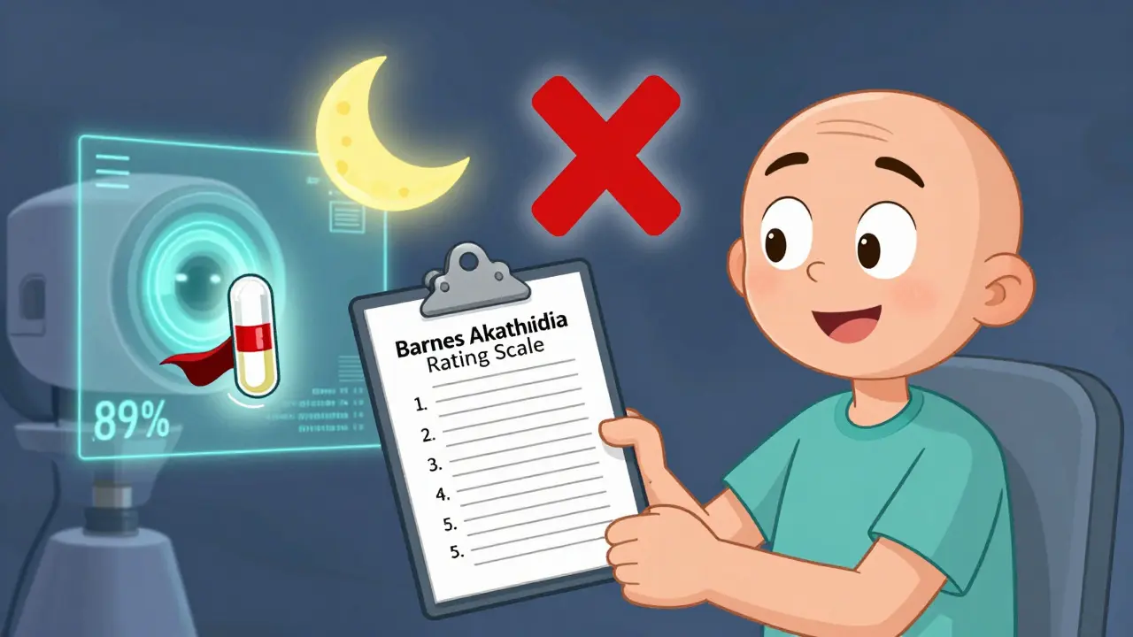 A patient surrounded by treatment icons—propranolol, clonazepam, and a crossed-out harmful pill—while an AI camera detects their movement accurately.