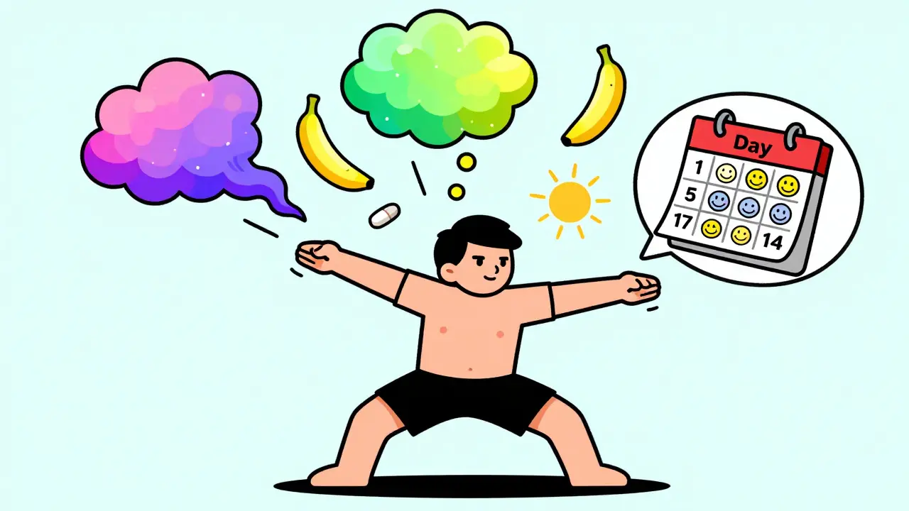 A person feels better after taking medication with food, as negative side effect clouds shrink and a sun rises.