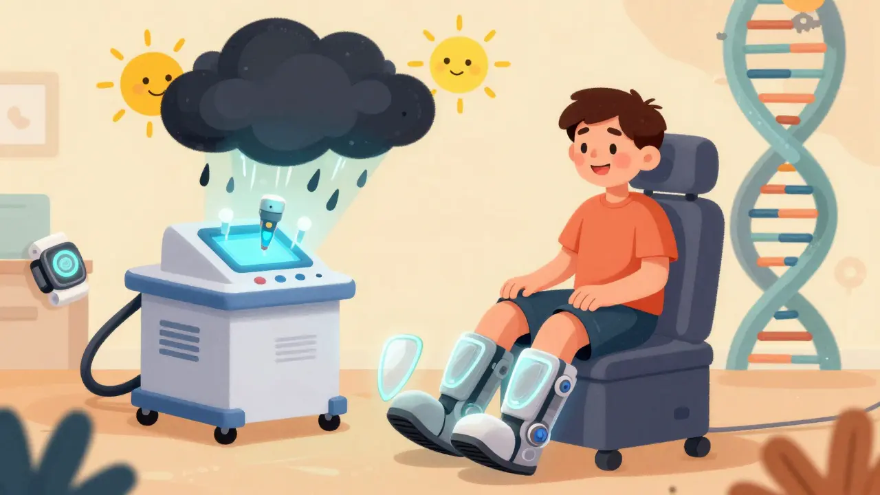 A person in glowing orthopedic shoes with pain clouds being zapped away by a Scrambler machine and a DNA helix spinning in the background, in rubber hose cartoon style.