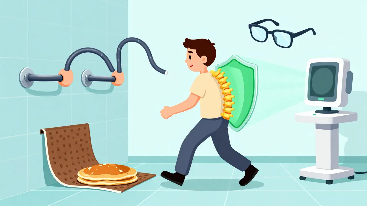 A person safely walking with rubber-hose grab bars and non-slip mats activating around them in a bathroom.