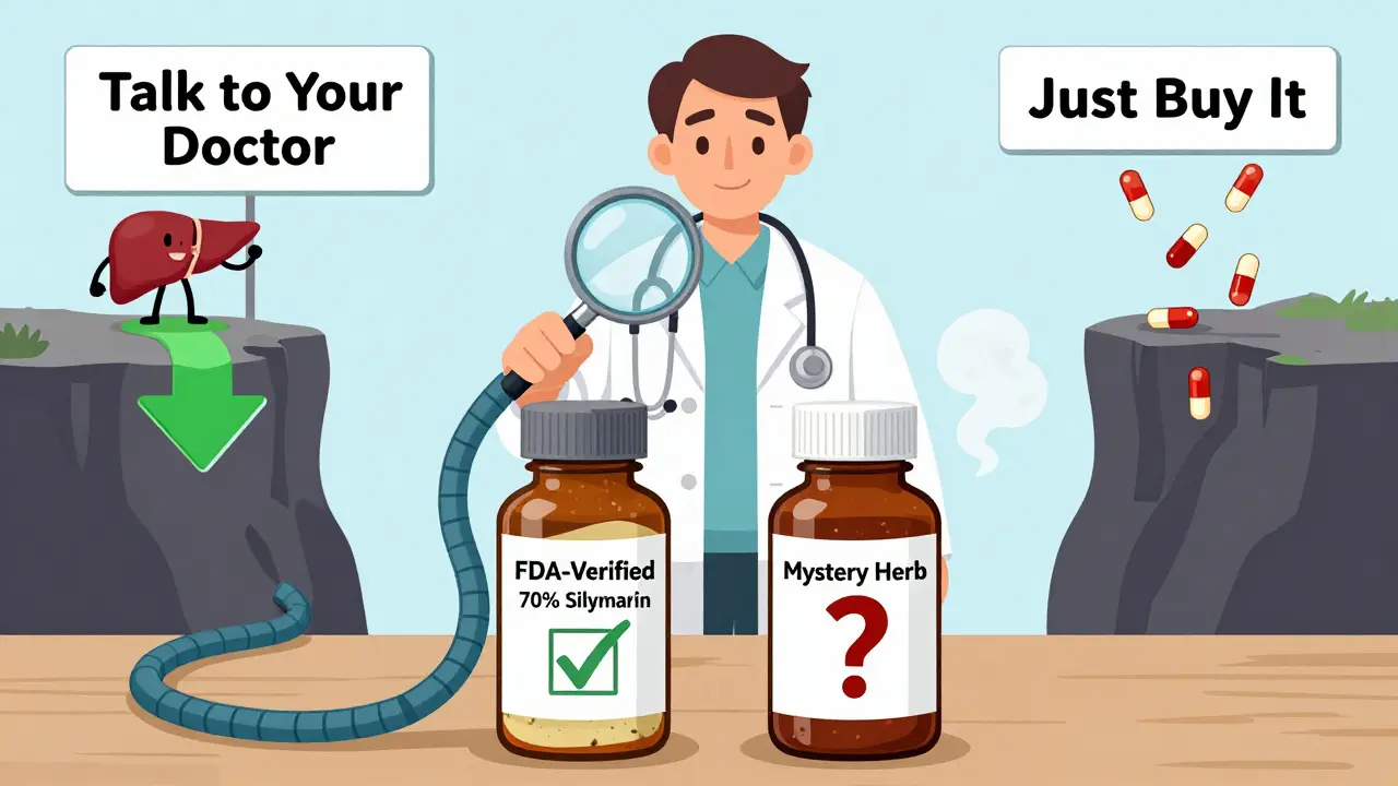 A pharmacist comparing two milk thistle bottles, one verified and one suspicious, with a patient choosing a safe path.
