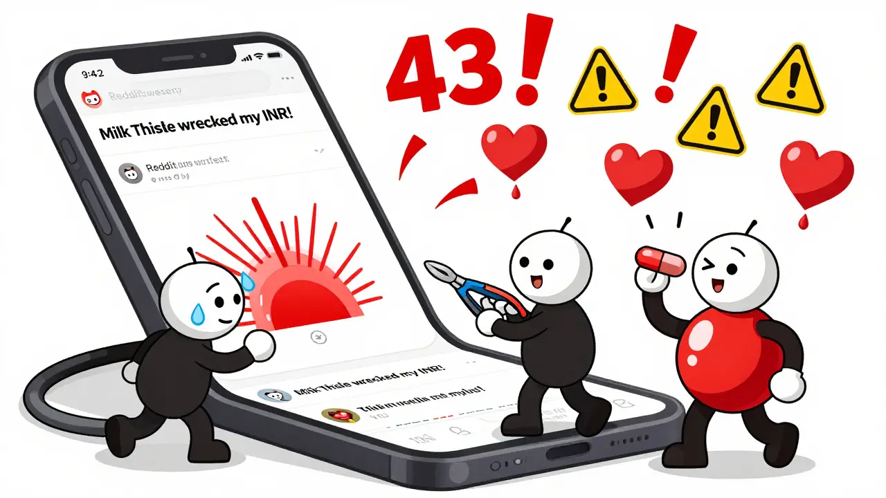 A Reddit thread on a phone showing users reacting to milk thistle affecting INR levels with warning signs.