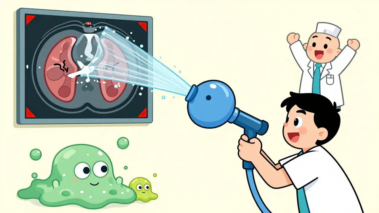 A smiling neti pot flushing out mucus blobs and polyps, with a doctor cheering and a CT scan in the background.
