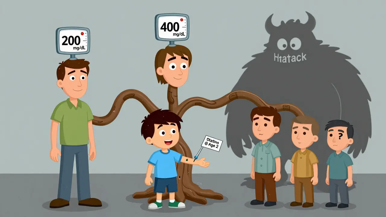 A stretchy family tree with members showing high cholesterol levels, one child receiving statin treatment at age two.