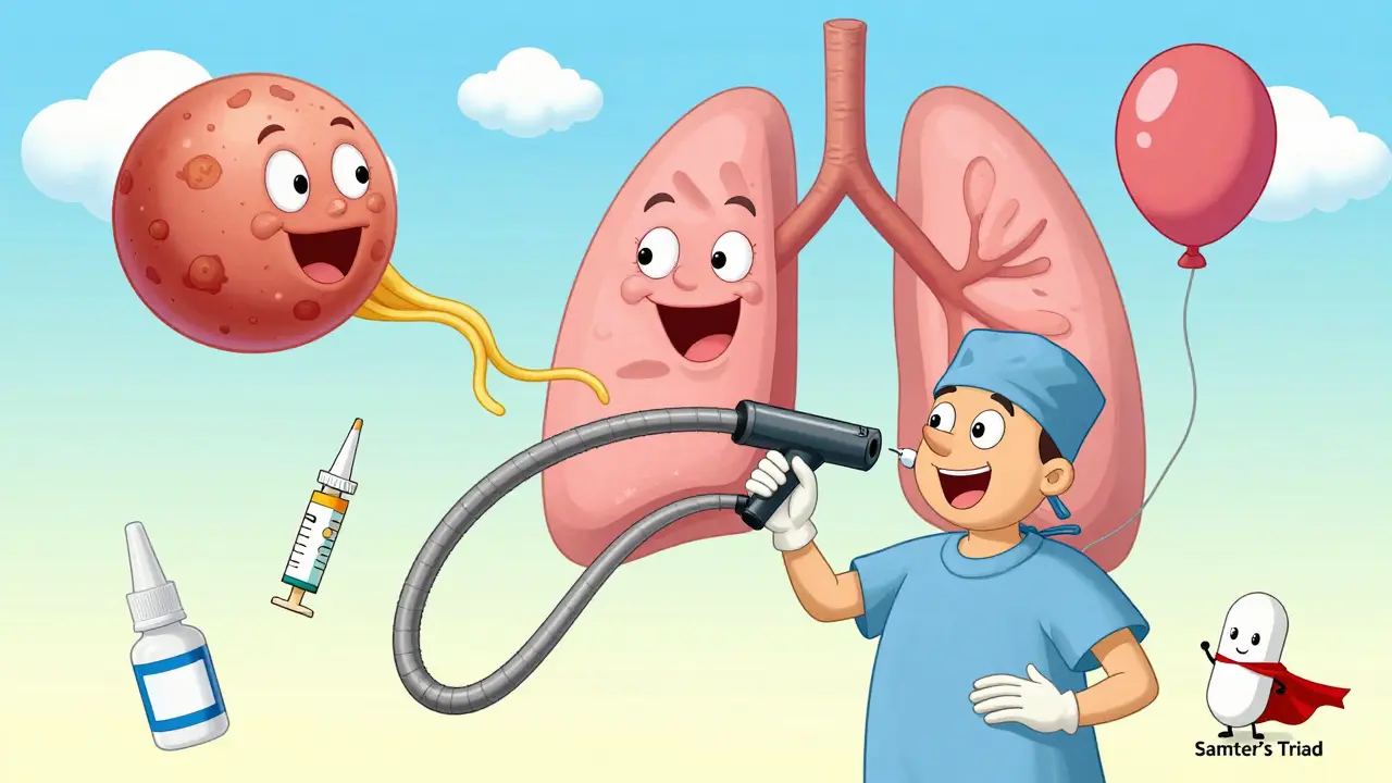 A surgeon removing giggling polyps with flexible tools, while a balloon inflates in a sinus and medical icons float nearby.