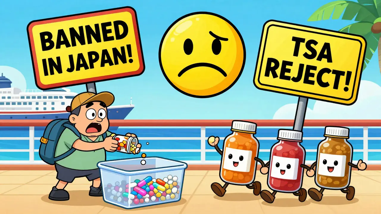 A traveler dumps pills into an unlabeled organizer as warning signs appear, while labeled bottles walk away happily on a cruise deck.