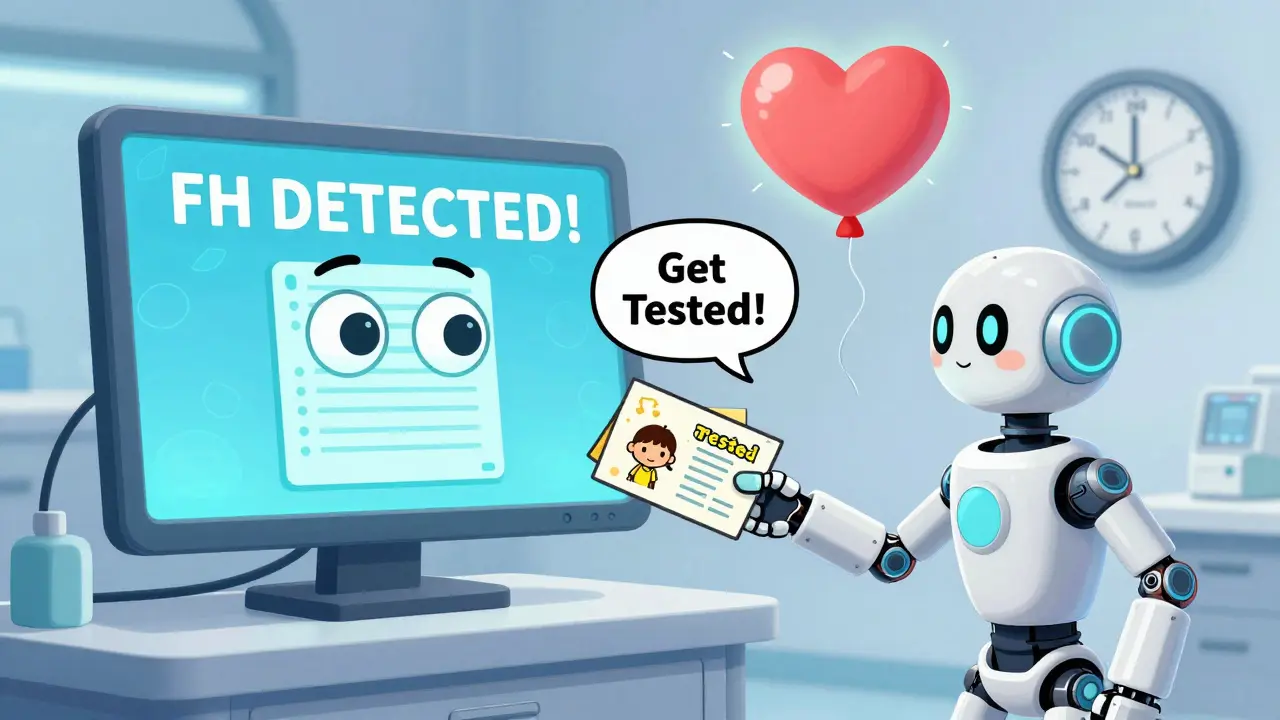 An AI screen detecting familial hypercholesterolemia and automatically notifying relatives for testing.