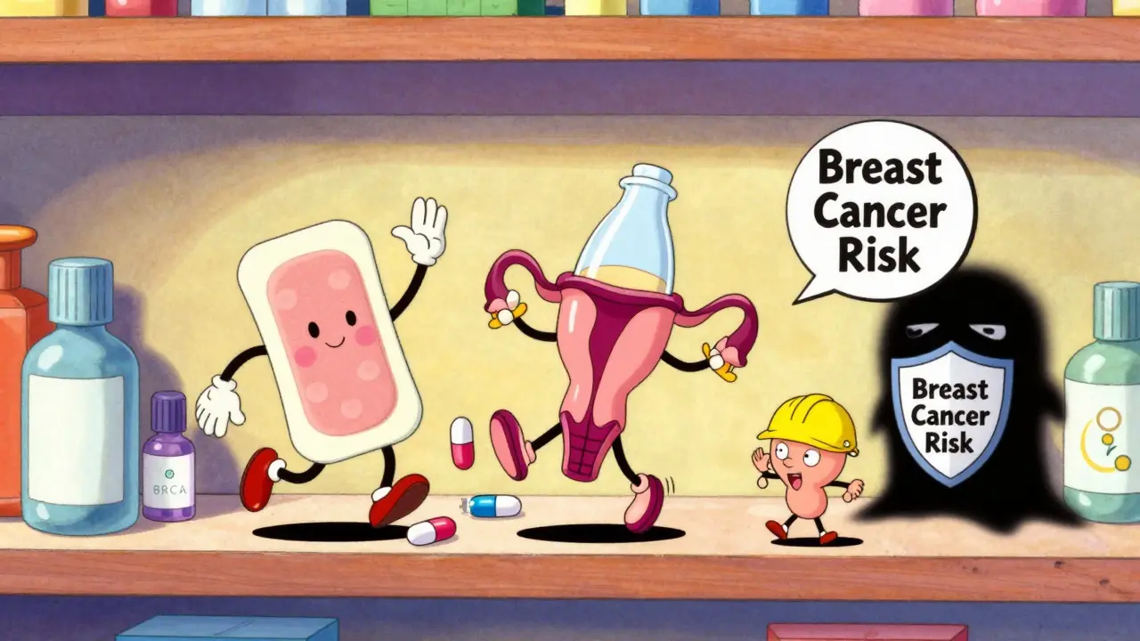 Animated hormone therapy options on a shelf, with patches and gels safe and happy, pills dizzy, and a shield protecting against cancer risk.