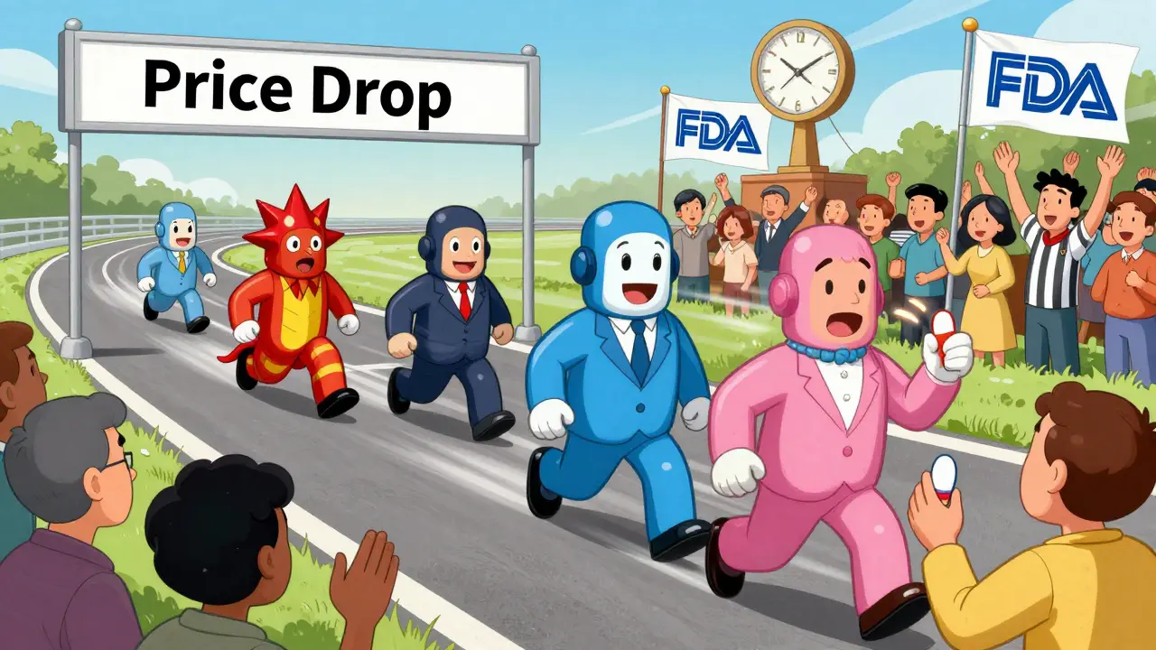 Authorized generics race past brand-name drugs on a price-drop track, with patients cheering and FDA referees watching.