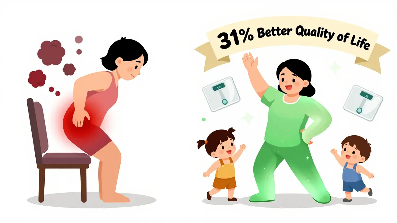 Before-and-after cartoon scene: one side shows hip pain with inflammation, the other shows joyful activity with a healthy hip and improved quality of life.