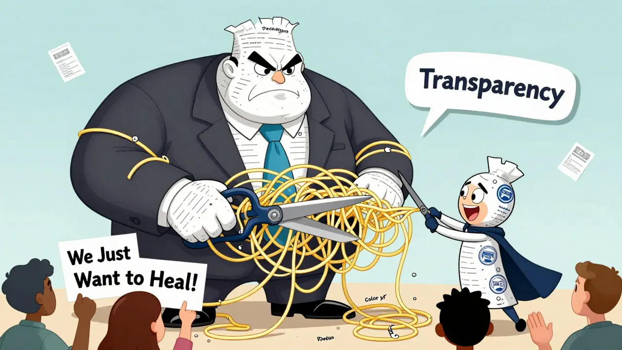 Big drug executive tangled in patent wires while a biosimilar hero cuts through them with FDA stamps.