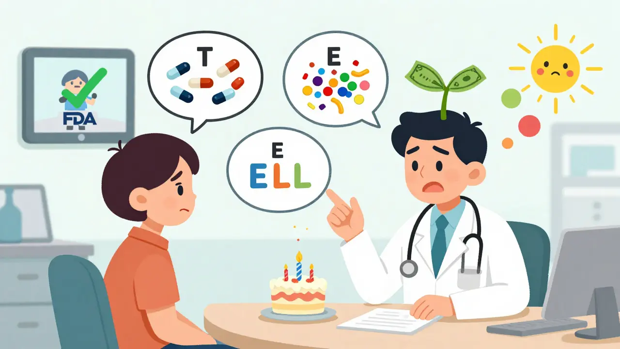 Doctor uses visual TELL framework to reassure patient, with pills turning into groceries and a smiling patient in a clinic.