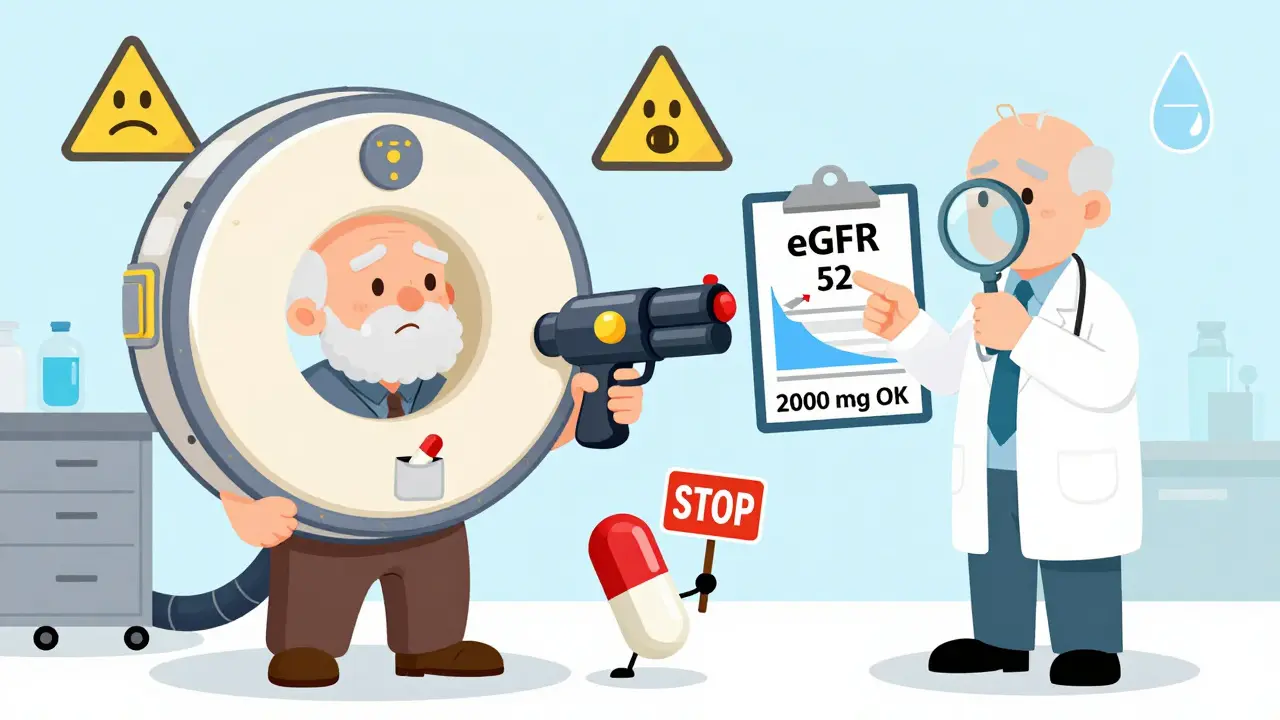 Elderly patient with CT machine, metformin pill waving stop sign, doctor pointing to safe eGFR level on clipboard.