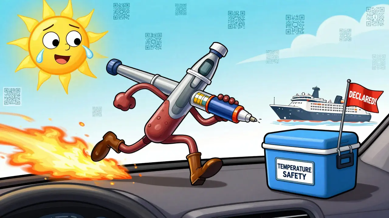 Insulin pen and EpiPen run from a hot car to a cooler with a parachute, as digital QR codes float in the sky above a cruise ship.