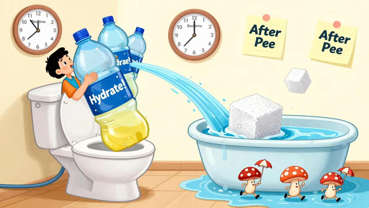 Person drinking water, urine turning light yellow as sugar dilutes in a comical toilet scene.