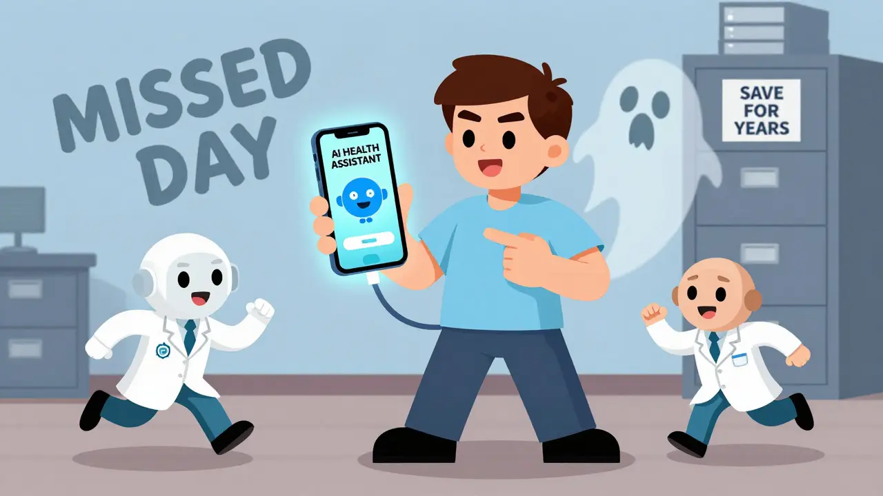 Person ignoring a smartphone app as doctor and pharmacist rush to help, with a 'Missed Day' ghost in background