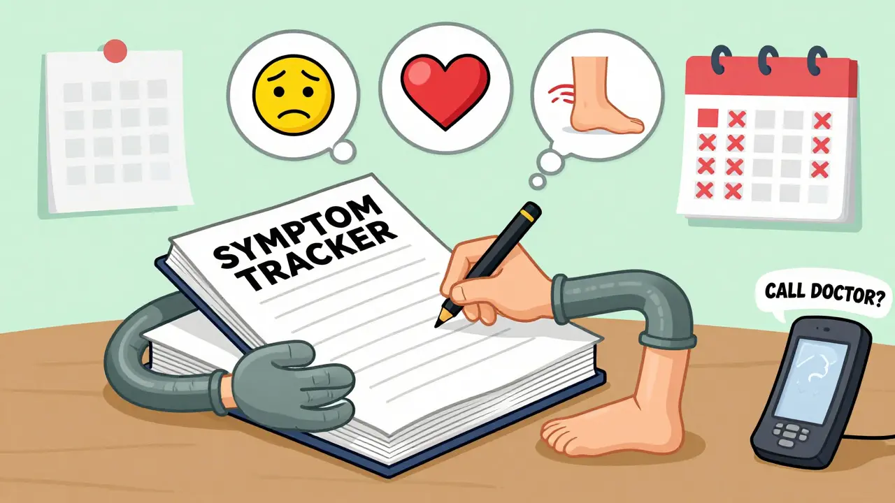 Person tracking symptoms on a giant notebook with floating icons showing worsening fatigue, heart rate, and swelling