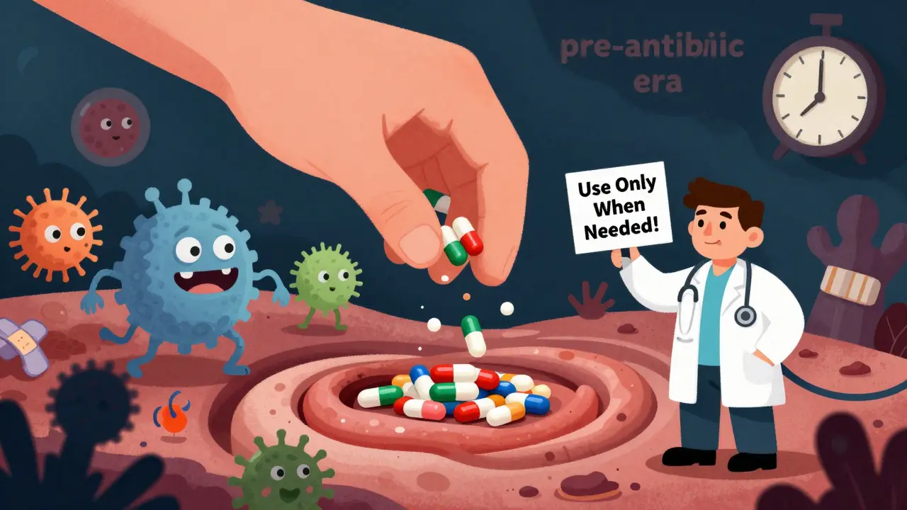 Pills falling into a gut ecosystem as C. diff chases good bacteria, with a doctor warning against overuse.