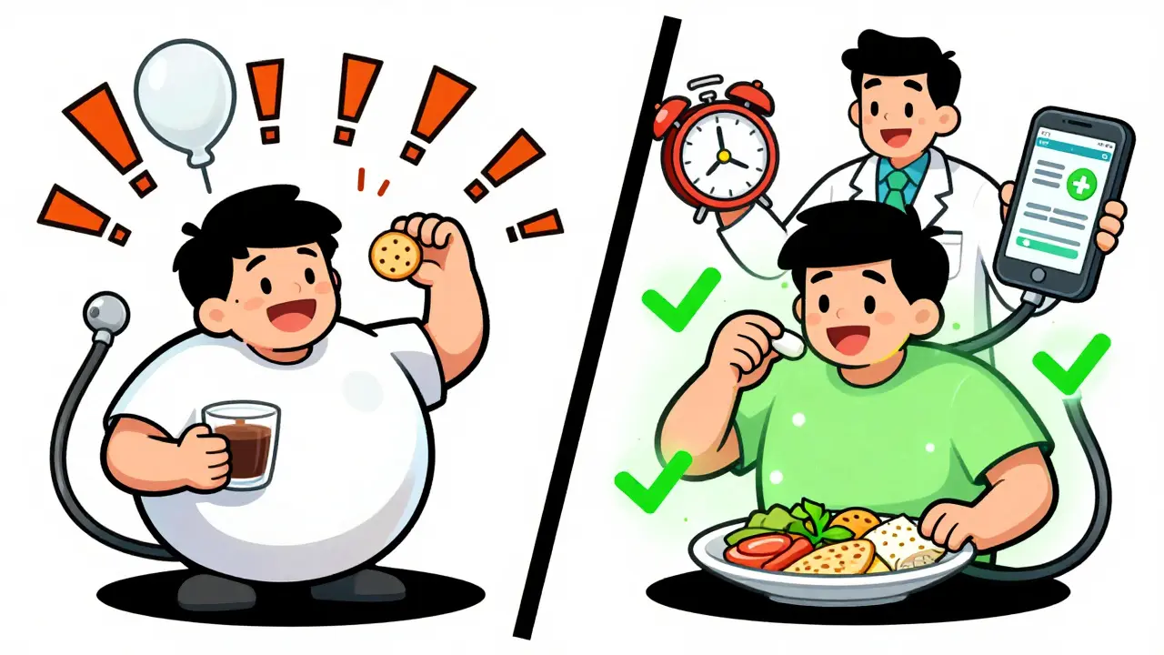 Split scene: one side shows dangerous pill misuse with balloon-like swelling, the other shows safe use with glowing checkmarks.