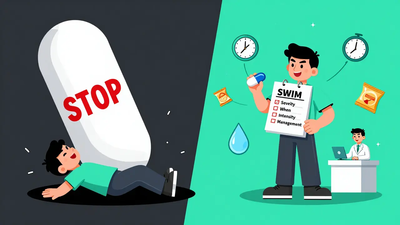 Split scene: one side shows someone overwhelmed by stopping meds, the other confidently uses SWIM to manage side effects.