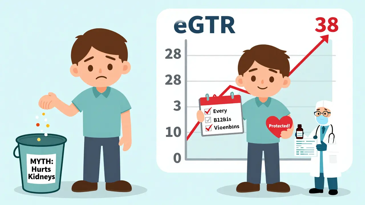 Split scene: patient throwing metformin away vs. smiling with calendar, B12 bottle, and heart sticker saying 'Protected!'