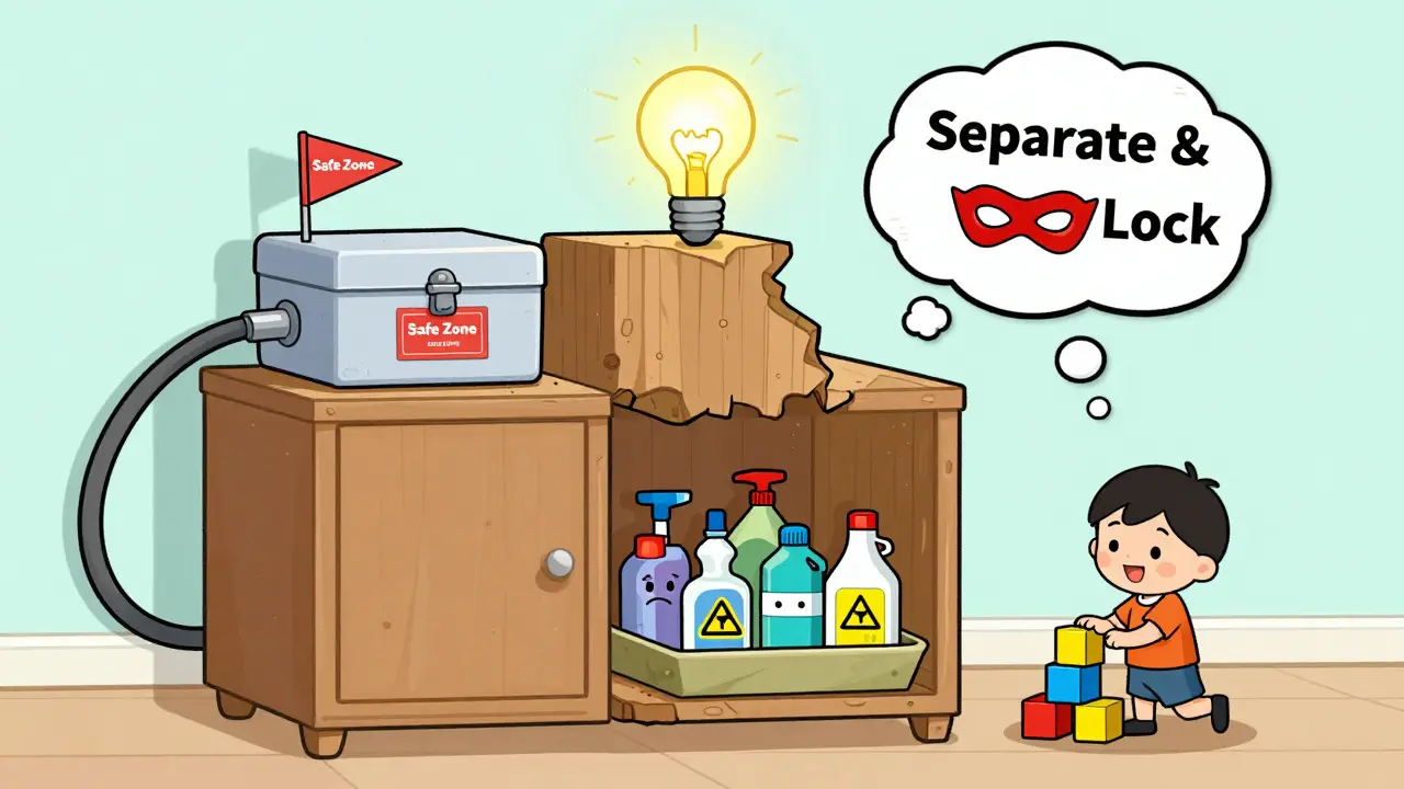 Tiny apartment cabinet split by divider: locked meds above, hazardous cleaners below, lightbulb glows, child plays safely nearby.