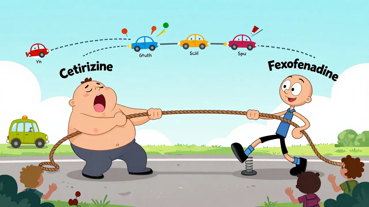 Tug-of-war between cartoon versions of cetirizine and fexofenadine, with allergy symptoms and alertness on either end.