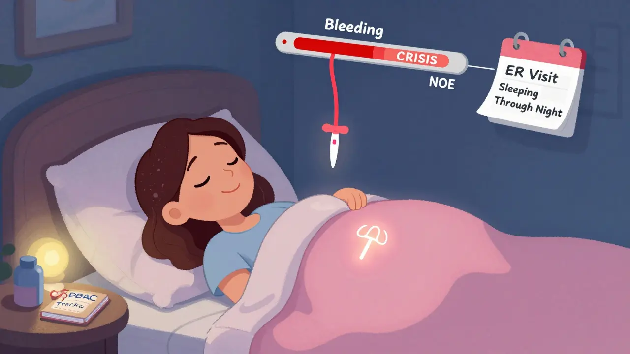 Woman sleeps peacefully with glowing IUD icon and bleeding meter dropping to zero.