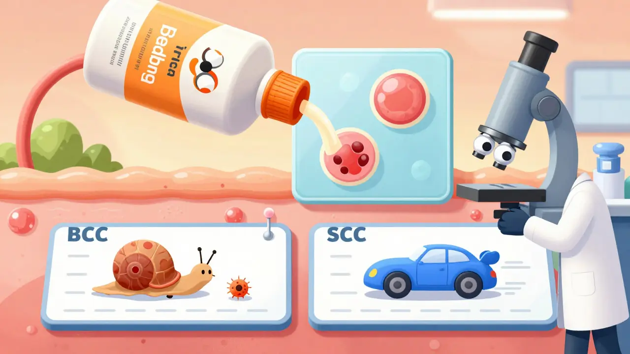 A dermatologist's office with a snail and race car representing slow vs. fast-growing skin cancers, drawn in rubber hose animation style.