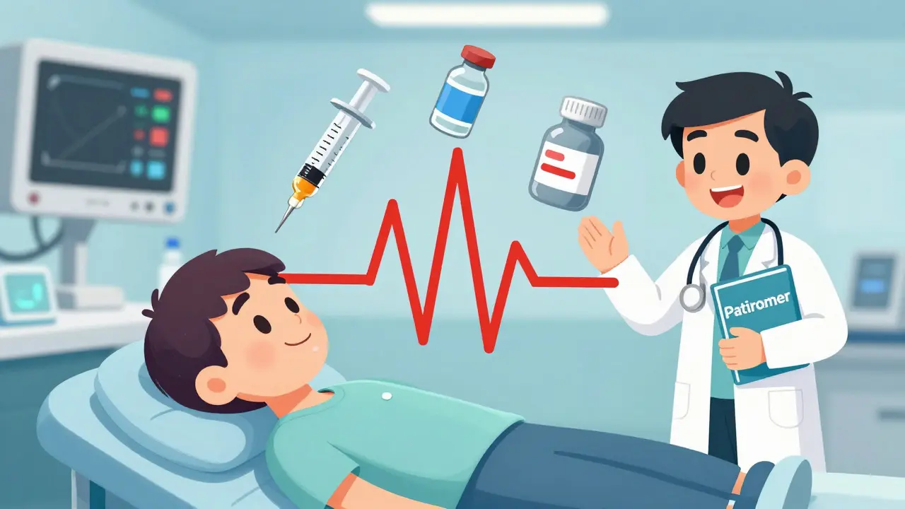 A patient in emergency care with a spiky ECG heart, medical tools acting as heroes, and a potassium binder as a shield.
