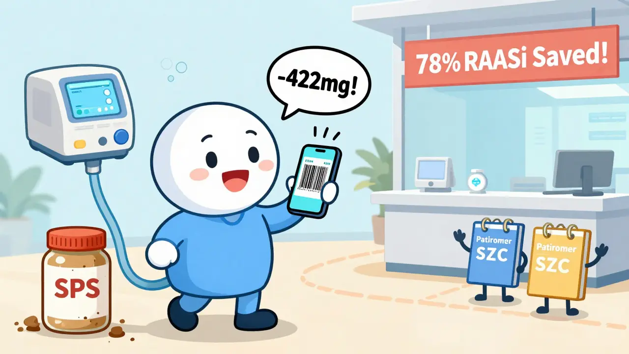 A person scanning food with a phone that shows potassium levels, flanked by modern binders and a bright clinic banner.