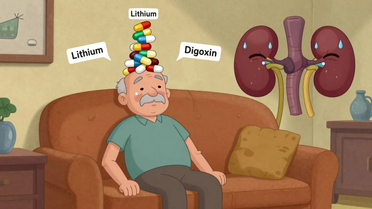 An elderly man surrounded by floating pills stacking into a tall pile, with tired liver and kidneys in the background.