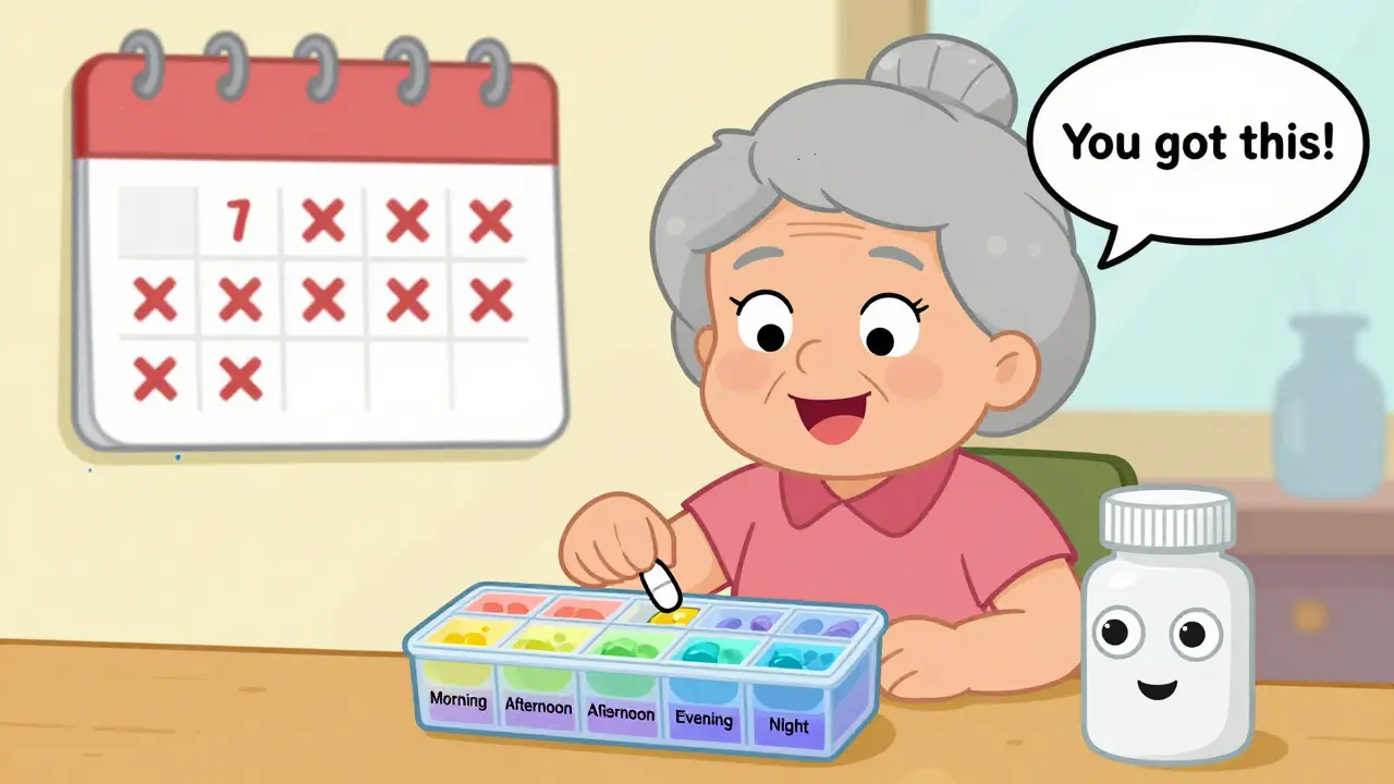 An elderly woman placing pills into a rainbow-colored multi-compartment organizer, with a smiling smart bottle sending a text.
