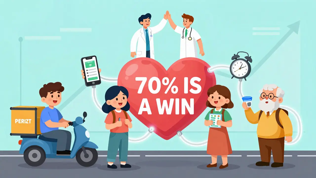 Diverse people using different medication tools connected by bouncy lines forming a heart, with a rising success graph in the background.